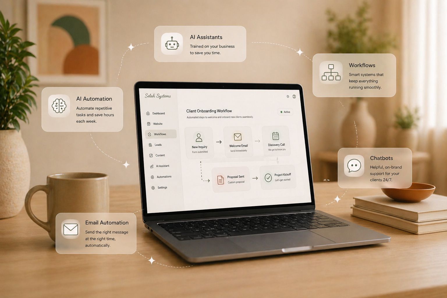 Workspace showing calm, thoughtful business support